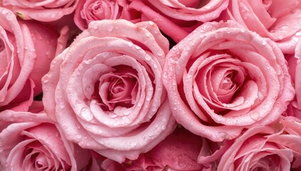 Romantic pink roses, vibrant floral arrangement with water droplets, seasonal beauty