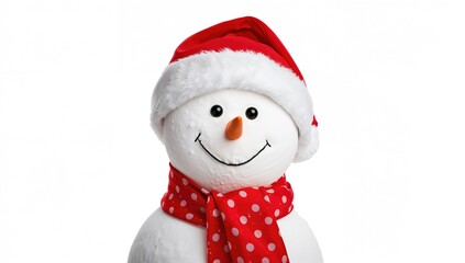 Christmas snowman wearing a scarf and Santa Claus hat, festive decoration, winter celebration
