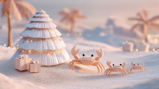 christmas on the beach A whimsical holiday scene with crabs and a snow-covered tree.