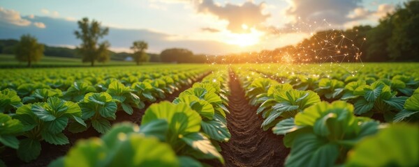Rows of green plants grow on a farm field at sunset. Digital network overlay shows data connection. Advanced tech in agriculture. Modern farming methods.