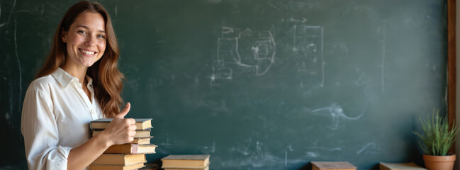 Smiling woman holds stack of books near blackboard. She gives thumb up. Teacher is ready to lecture in the classroom. Back to school and distance education concept. Place for text.