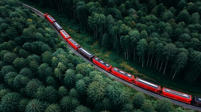 Train lush green : aerial view of red train weaving dense woodland scenery