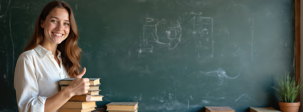 Smiling woman holds stack of books near blackboard. She gives thumb up. Teacher is ready to lecture in the classroom. Back to school and distance education concept. Place for text.