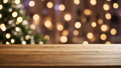 Christmass wooden table, empty wooden table in front of winter background. copy space for text.