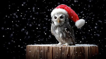 Adorable Owl Wearing Santa Hat Surrounded by Snowflakes on Wooden Log During Winter Festivities - Powered by Adobe
