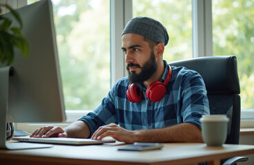 Muslim man works on computer at home. Freelancer types on keyboard, wears headphones around neck. Businessman sits at desk with cup of coffee, works on project. Entrepreneur uses computer, mobile