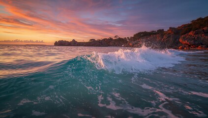 Sunset waves crashing against rocky shore