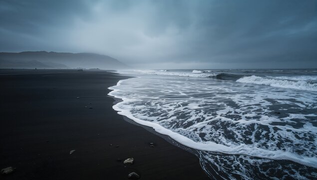 Summer in Iceland, featuring a somber Atlantic wave crashing on a black sand beach, erosion risk