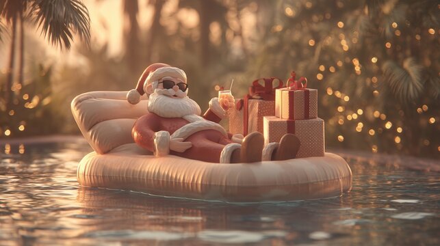 christmas on the beach Santa relaxing on a pool float surrounded by gifts and festive lights.