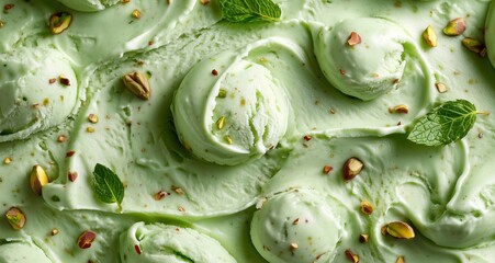 Fototapeta premium Mint Ice Cream With Pistachios Creates a Delicious Dessert Experience in a Summer Afternoon Setting