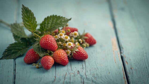 Wild strawberries against a soft blue wooden backdrop, ideal for a rustic design element