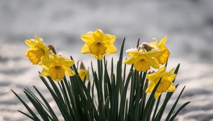 Fototapeta premium Yellow spring daffodil flowers blooming in a garden covered with snow, seasonal change