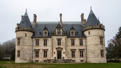 Obraz premium Historic estate featuring a dark slate roof and turrets, preservation