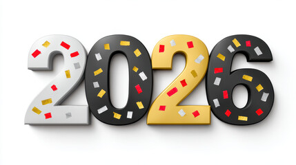 Celebration of 2026 new year festivity digital art isolated on white background vibrant gold and silver confetti