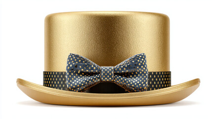 Elegant shiny gold top hat and bow tie isolated on white for celebrations events and formal occasions