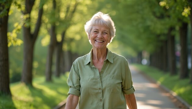 Happy elderly woman walks along tree lined path in park sunlight. Mature lady smiles brightly, enjoying outdoor stroll, representing active retirement and well being.