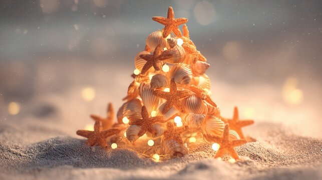 christmas on the beach Seashell Christmas tree with lights on sandy background.