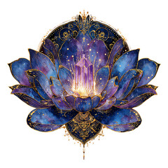 Watercolor Lotus Flower with Crystal, Galaxy Nebula Art
