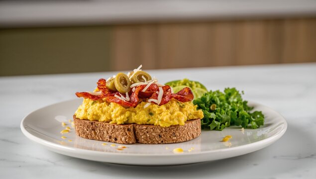 Scrambled eggs on toast topped with bacon, guacamole, and olives, protein-rich meal