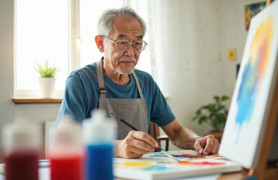 Elderly Asian man paints with watercolor in home studio wearing apron. Senior artist with glasses paints on canvas using brush. Paint bottles are on the table. - Powered by Adobe