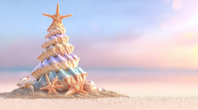 christmas on the beach A unique seashell Christmas tree by the beach at sunset. - Powered by Adobe
