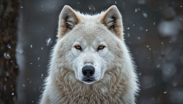 A white wolf gazes intently in a snowy forest, symbolizing focus and survival in winter