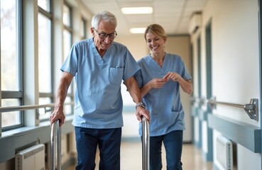 Elderly man with glasses walks with walker bars in hospital hallway, physical therapist assists. Nurse smiles, offering support and guidance during recovery.
