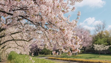 Fototapeta premium Beautiful Cherry tree Sakura blooms featuring delicate white petals, seasonal change