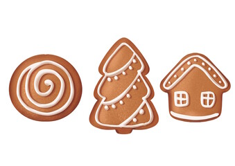 Hand-drawn isolated Christmas set of decorated gingerbread cookies: a house, a Christmas tree, and a round spiral cookie.