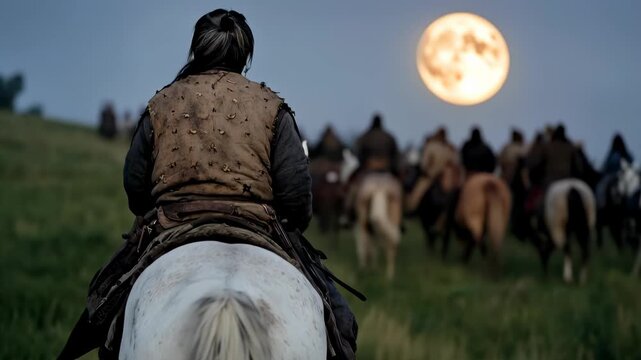 This dramatic nocturnal video displays a sizable group of mounted individuals traversing a grass field beneath a bright full moon, evocative of a Tatar-Mongol military movement