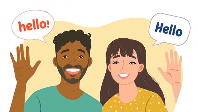 Two friends exchange hellos with waving hands and chat bubbles, symbolizing camaraderie and social interaction. Flat style vector illustration.