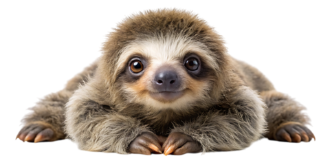 Adorable baby sloth lying down and looking directly at the camera, isolated on transparent background