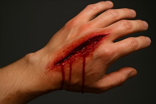 A bloody, deep gash across a person's hand, profusely bleeding.	