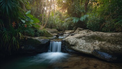 Small waterfall cascading over stones, surrounded by vibrant rainforest foliage and indigenous plants, preservation