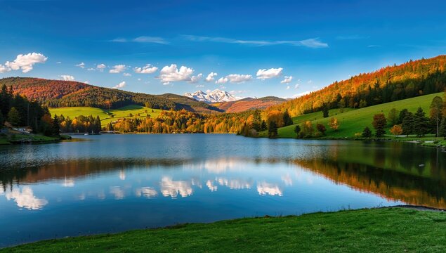 Slovakian Carpathian Mountain lake reflections during autumn, an ideal setting for outdoor exploration