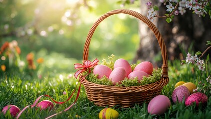 Colorful Easter-themed scene featuring pink eggs nestled in a wicker basket surrounded by greenery, seasonal celebration