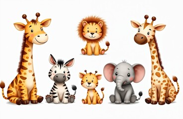 Obraz premium Illustration of cute cartoon animals giraffe lion zebra tiger and elephant. Set of friendly baby african wildlife characters. Ideal for kids nursery decor or educational resources.