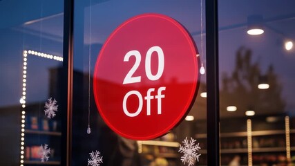 20 Off" sign hangs in a window, decorated with snowflakes and lights