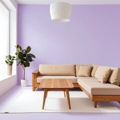 Modern Living Room Interior with Lilac Walls and Minimalist Furniture.