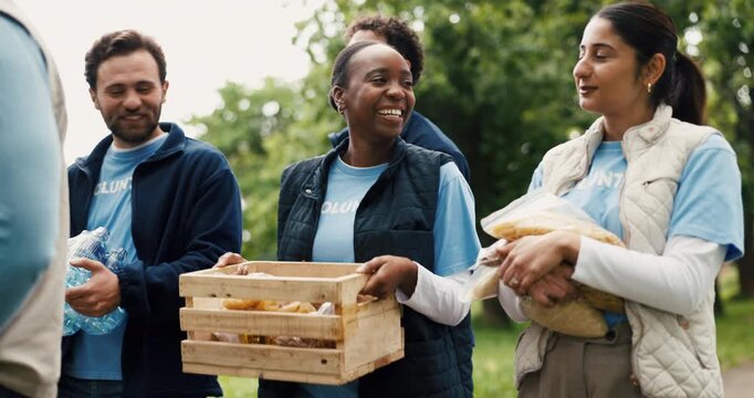 Community outreach, laughing and walking with volunteer group outdoor for donation or food drive. Conversation, funny and support with happy people in park for charity, ngo or non profit mission