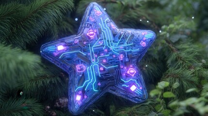 christmas y2k Star-shaped circuit decoration amidst greenery.