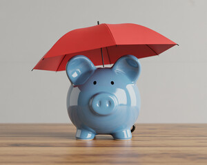 Protect your savings with insurance a blue piggy bank under a red umbrella symbolizes financial security and peace of mind for future planning
