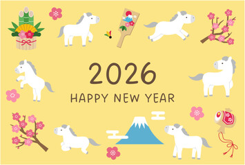 2026年午年の年賀状テンプレート。白馬、かわいい、縁起物、ベクター、梅の花