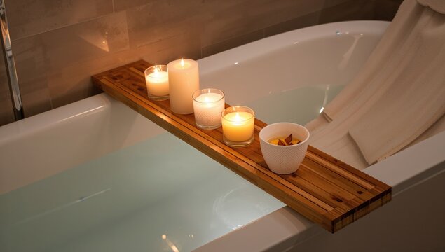 This elegantly designed bamboo bathtub tray features candles and a warm cup, promoting relaxation during bath time