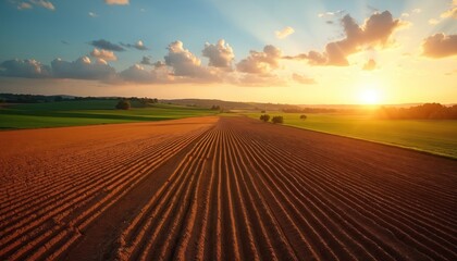 Plowed field at sunset creates parallel lines. Agriculture scene shows freshly tilled soil. Evening sun casts shadows on ground. Rural landscape offers views of horizon sky clouds.