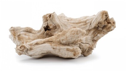 Segment of driftwood isolated against a white backdrop, natural texture for editorial use