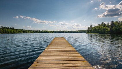 Wooden dock extending over a tranquil lake at a cottage, ideal for relaxation and leisure