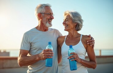 Senior couple hydrates with water after workout. Woman and man embrace with love, smile enjoying nature. Active elderly takes care about body, physical wellness and health.