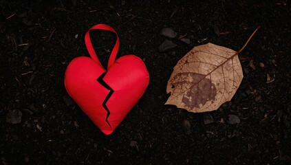 A heart-shaped plush toy rests on dark soil next to a dried leaf, representing lost love and heartbreak, emotional storytelling