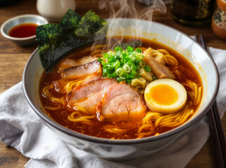Steaming Shoyu Ramen with Chashu Pork, Soft-Boiled Egg, Green Onion, and Nori Seaweed in a Ceramic Bowl on a Wooden Table.